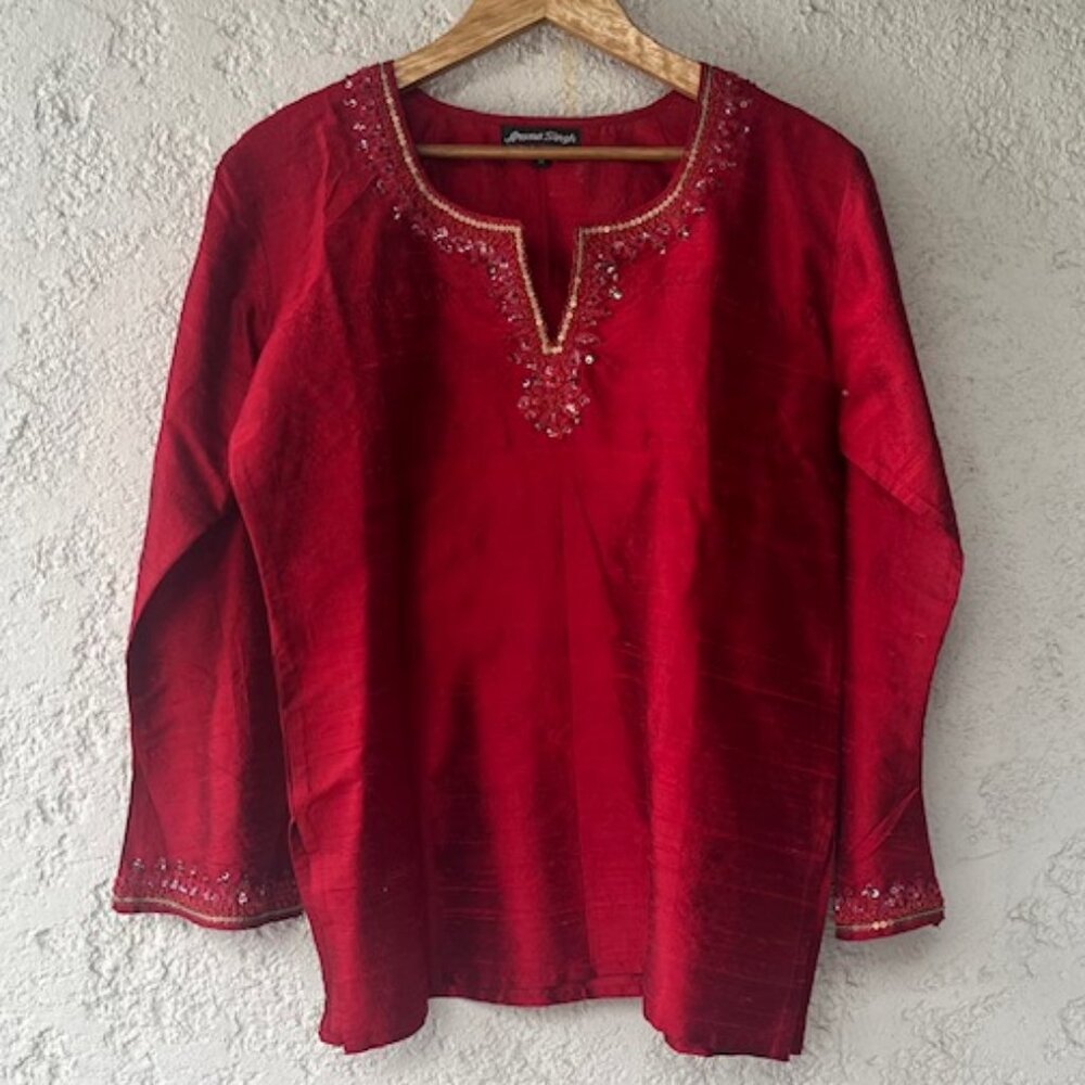 Embellished Red 100% Raw Silk Kurta from India - NWOT